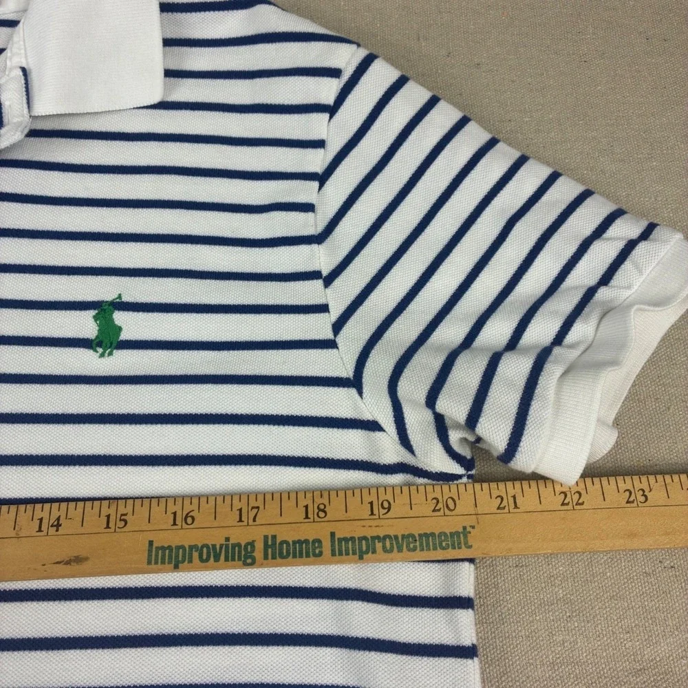 Polo Ralph Lauren Polo Shirt Mens L White Navy Blue‎ Striped Custom Fit Preppy